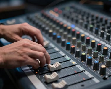 A close-up of a professional sound mixer's hands on a fader. The studio is dark with steel blue ambient lighting and light gray hardware accents.