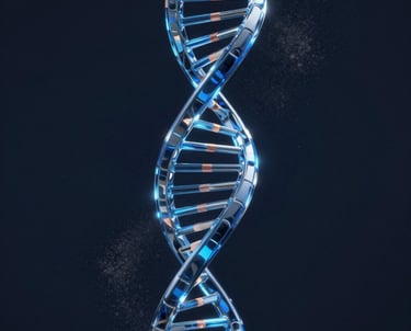 A high-fidelity 3D rendering of an abstract DNA helix made of glowing steel blue glass. Dark navy background with soft light gray dust particles.