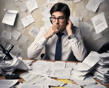 a man sitting at a desk with papers and papers