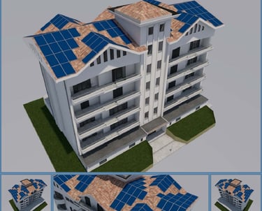 a building with a solar paneled roof and a solar paneled roof