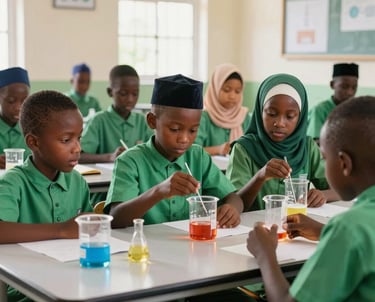 Group of Nigerian Muslim children engaged in a hands-on science experiment in lab coats.