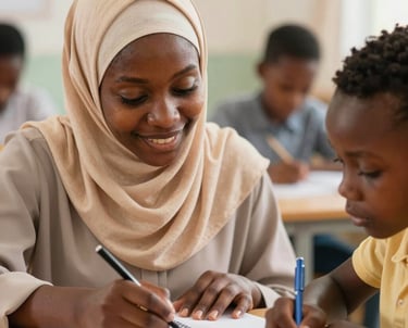 A focused Nigerian female teacher assisting a young Muslim student with reading in a bright classroom.