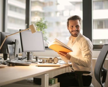 homme assis à un bureau et feuilletant un livre tourne la tête en souriant