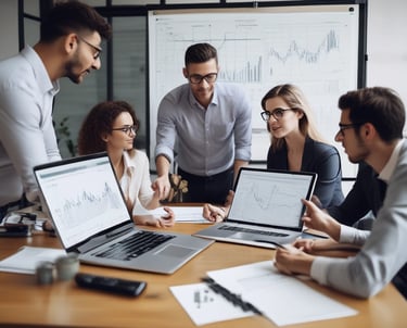 A professional team collaborating around a laptop with charts and notes.
