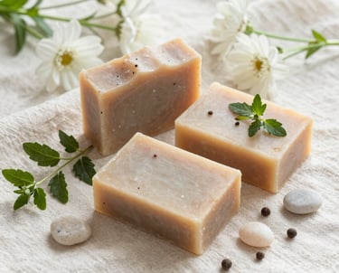 Close-up of handcrafted soaps with natural textures and subtle earthy tones.
