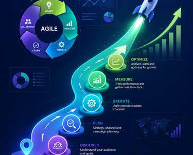 Visual guide for a 'Proven Agile Growth Path' from dynamic digital marketing and mentoring experts.