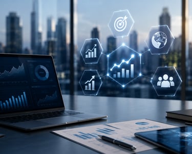 Digital marketing data analytics on a laptop screen with glowing business growth icons over a city skyline background.