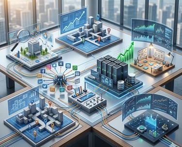 Digital twin city model showing data visualization, server infrastructure, and social media integration on a futuristic desk.