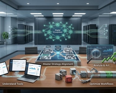 Digital ecosystem visualization showing master strategy alignment and workflow optimization in a data center.