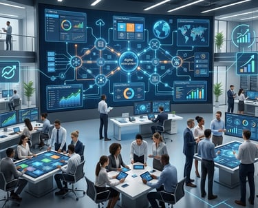 Business professionals in a high-tech data center managing a digital ecosystem with interactive data visualization screens.
