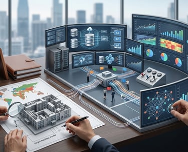 Digital twin technology dashboard showing business data analytics and architectural modeling on a desk.
