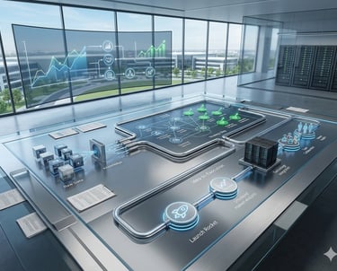 Digital dashboard showing data analytics and business strategy workflow in a modern server room office.