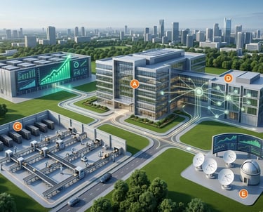 Smart industrial city hub with automated data centers, logistics warehouses, and high-tech satellite communications.