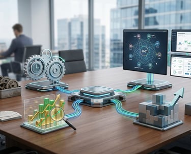 Business data visualization showing 3D financial charts, gears, and analytics on a modern office desk.