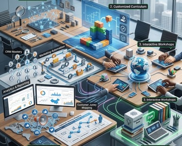 Diagram showing interactive marketing automation workshops, CRM mastery, and customer journey mapping phases.
