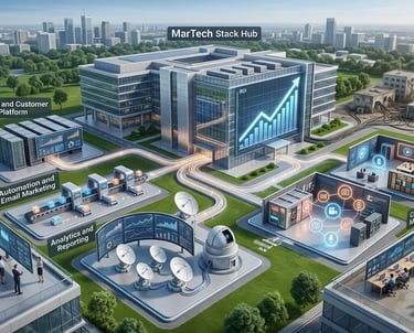 A MarTech Stack Hub visualization showing CRM, email automation, and social management systems connected to a central office.