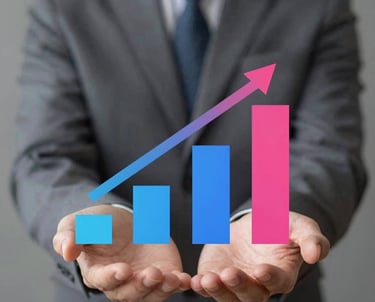 Businessman holding a colorful rising bar chart with an upward arrow representing business growth.