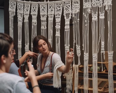 Una mujer examina un intrincado colgante de pared de macramé blanco con patrones de nudos bohemios 