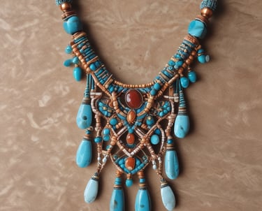 Collar bohemio artesanal de turquesa tipo statement, con intrincado trabajo de macramé