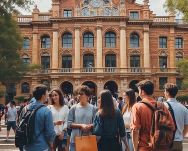 A student holding books and a backpack in front of an Australian university campus.