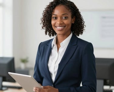 A professional portrait of a male lawyer in a blue tie and suit, South American / Brazilian setting, leaning against a bookshelf filled with law books, looking professional and trustworthy.