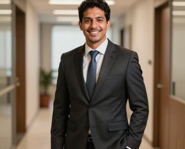 A professional portrait of a male lawyer in a dark suit, South American / Brazilian setting, standing in a bright office hallway with a warm and approachable expression, professional lighting.