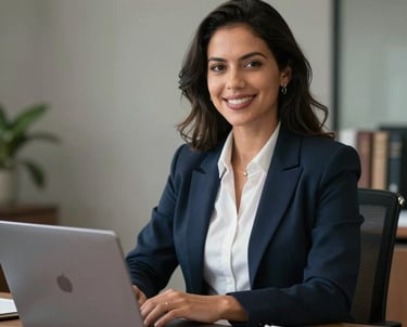 A professional portrait of a female lawyer in business attire, South American / Brazilian appearance, sitting at a desk with a laptop and legal documents, smiling confidently, soft office lighting.