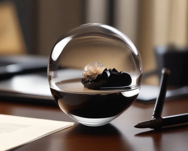 A sleek, modern office interior with polished wood and soft lighting, evoking luxury and professionalism.