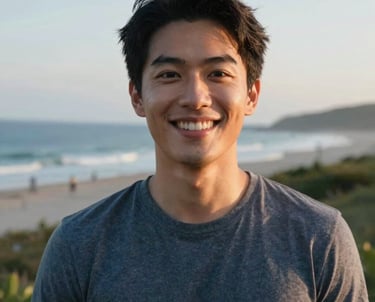 Photography of a smiling individual in a North American / US coastal setting, soft evening light, conveying vitality and a sense of affordable wellness.
