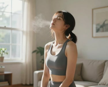 Photography of an adult in activewear breathing deeply in a bright North American / US living room, sunbeams coming through the window, peaceful mood.