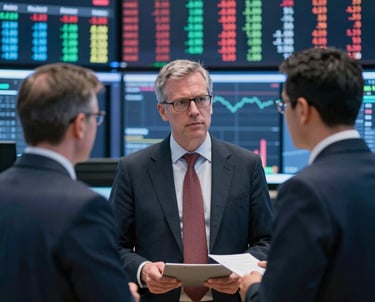 Professional accountant reviewing financial data with modern technology in a sleek office.