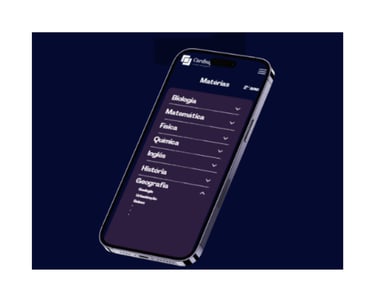 Smartphone showing the Cardsu educational app interface with a list of school subjects in Portuguese.