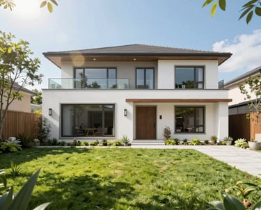 A professional woman consulting clients over property plans in a bright office.