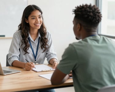 A warm, inviting consultation setting with a mentor and client engaged in discussion over educational plans.