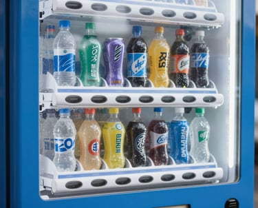 A row of chilled energy drinks and sodas inside a vending machine, condensation on the glass, bright crisp lighting.