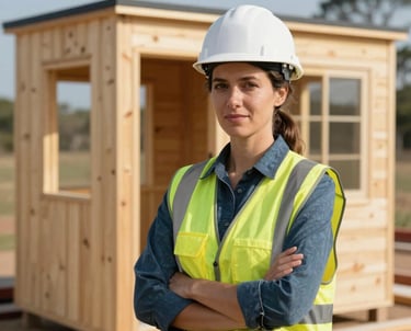 A professional South African female site manager wearing a white hard hat and high-visibility vest, standing in front of a newly installed timber cabin unit on a sunny day.