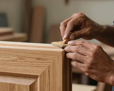 Close-up photography of a skilled artisan's hands carefully sanding the corner of a handcrafted wooden door frame in a South African carpentry studio.