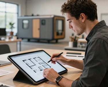 A South African architectural designer in a modern studio setting, reviewing detailed floor plans for a modular cabin project on a large tablet.
