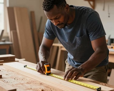 Portrait photography of a focused South African master carpenter in a sunlit workshop, measuring a piece of light-colored timber with a professional tape measure.