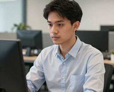 Professional portrait of a young Indonesian male developer wearing a smart-casual shirt, looking focused in a clean tech-oriented office environment.
