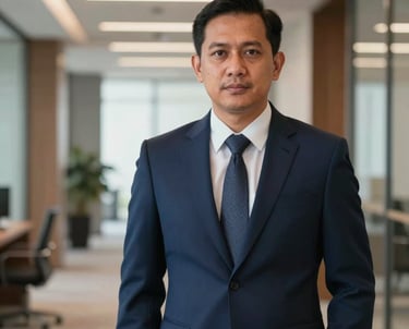 Professional portrait of an Indonesian male executive in a well-tailored navy suit, standing in a modern office hallway with soft corporate lighting.