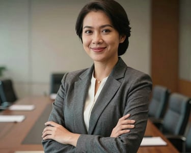 Professional portrait of an Indonesian female executive in elegant business attire, smiling confidently in a corporate boardroom setting.