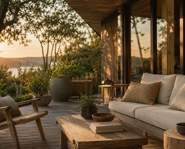 Outdoor living inspiration featuring warm lighting, natural materials and timeless Scandinavian design.