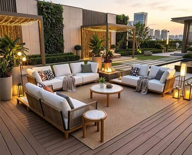 Comfortable garden retreat with outdoor seating, natural greenery, ambient lighting and cozy outdoor