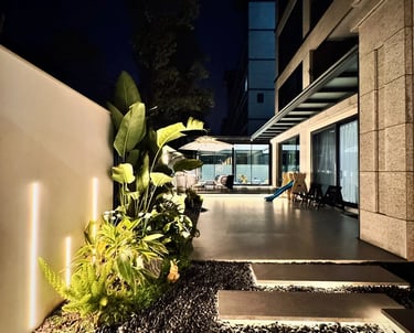 Minimalist garden pathway with integrated landscape lighting.