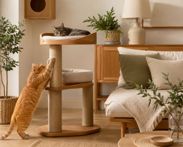 Pet-friendly outdoor living space with comfortable furniture, cozy atmosphere and stylish Scandinavian-inspired design.