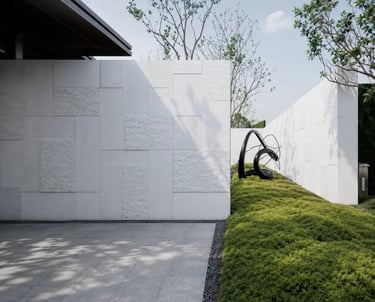 Natural outdoor space with wood, stone, and weathered metal materials creating an authentic garden atmosphere.