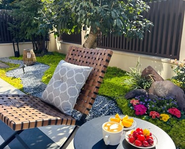 Comfortable garden retreat with outdoor seating, natural greenery, ambient lighting and cozy outdoor lifestyle inspiration.