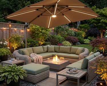Comfortable garden retreat with outdoor seating, natural greenery, ambient lighting and cozy outdoor lifestyle inspiration.