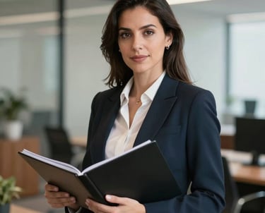 Professional portrait of a sophisticated woman in a corporate South American business setting, holding a portfolio, with a soft-focus office background.